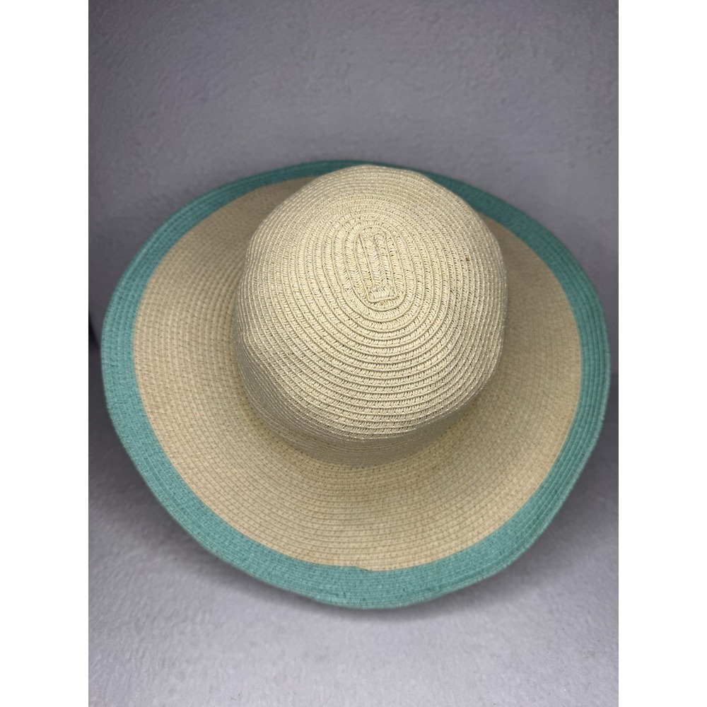 Croft & Barrow‎ Wide Brim Sun Hat Floppy Beige Aqua Trim One Size Summer Boho - Picture 2 of 5